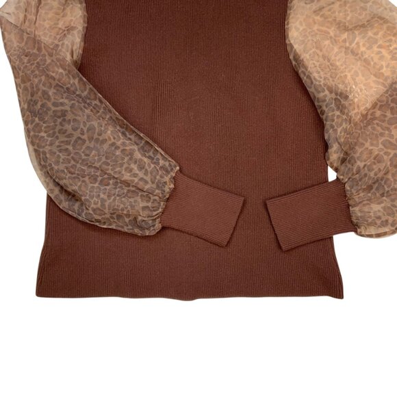 Anthropologie Dolan Puff Sleeve Sweater 1X Plus Brown Motif Animal Print Fall - Picture 8 of 11
